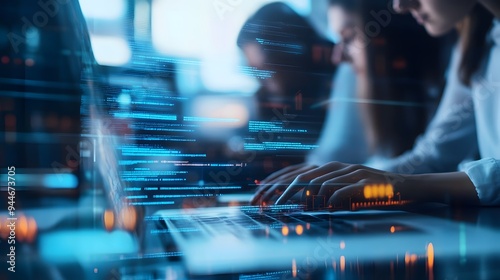 Wallpaper Mural Woman's Hands Typing Code on a Laptop with Blue and Orange Lights Torontodigital.ca