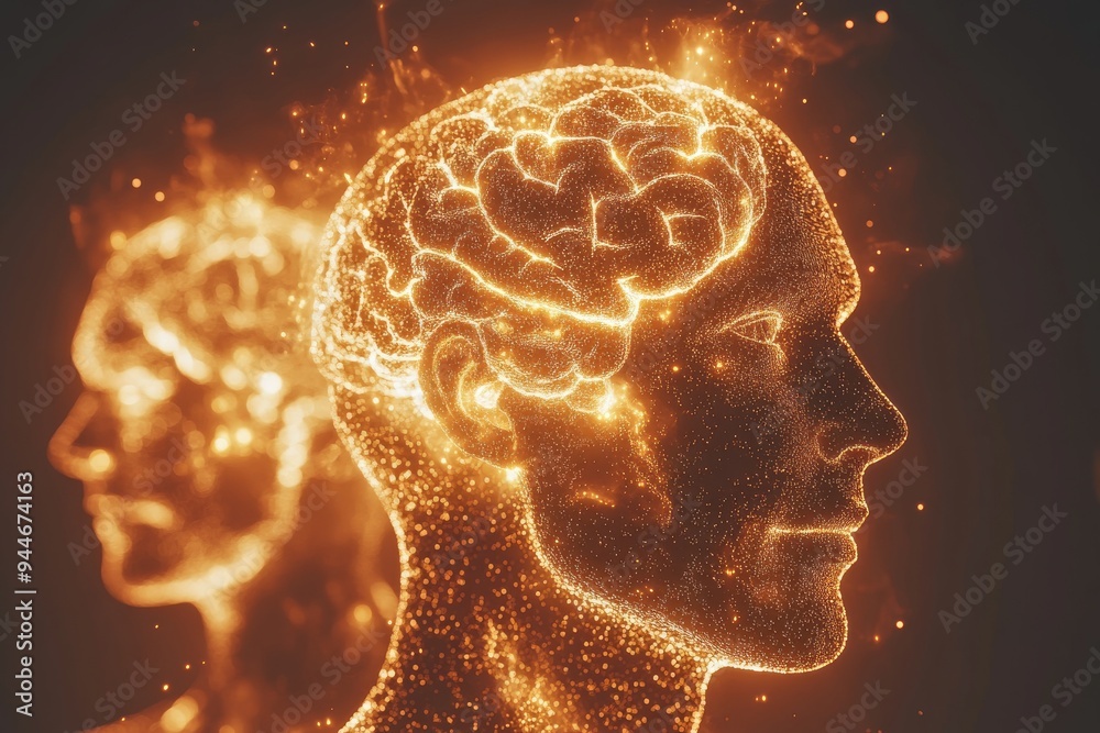 Obraz premium Futuristic concept of two human profiles with interconnected glowing brains depicting mental connectivity shared thoughts and cognitive alignment in a bright abstract environment