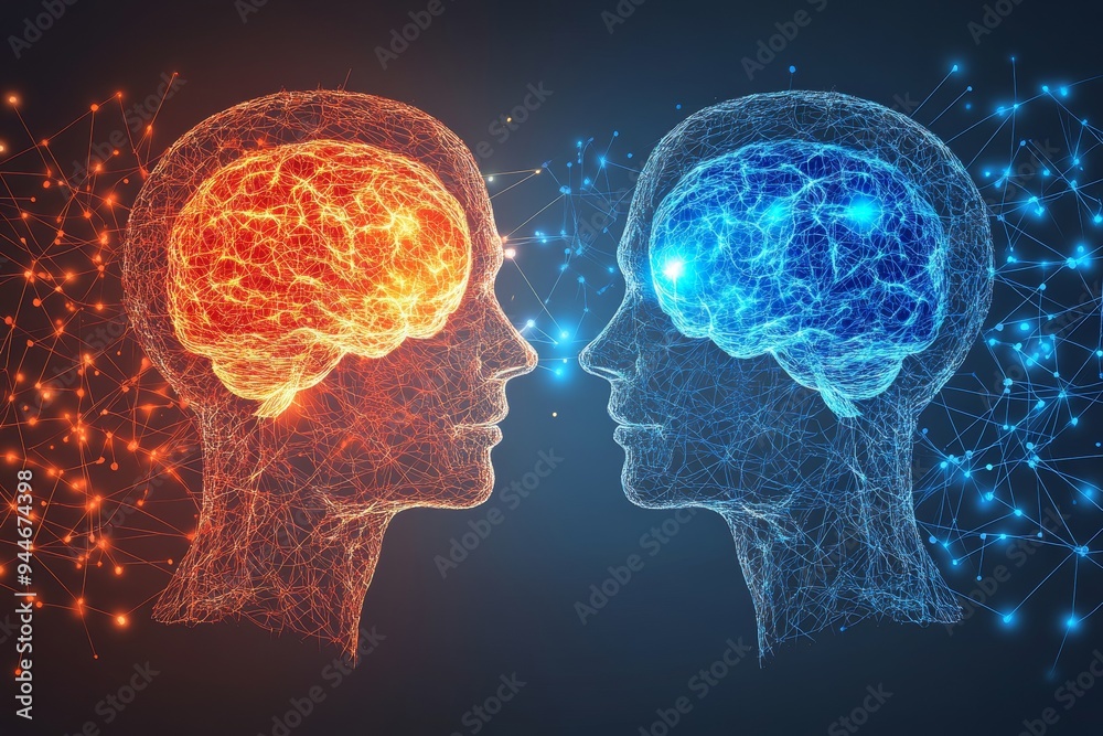 Creative digital illustration of a man and woman with contrasting red and blue brains facing each other symbolizing the dynamic interplay between logic and emotion in human thought processes Creative digital illustration of a man and woman with contrasting red and blue brains facing each other symbolizing the dynamic interplay between logic and emotion in human thought processes
