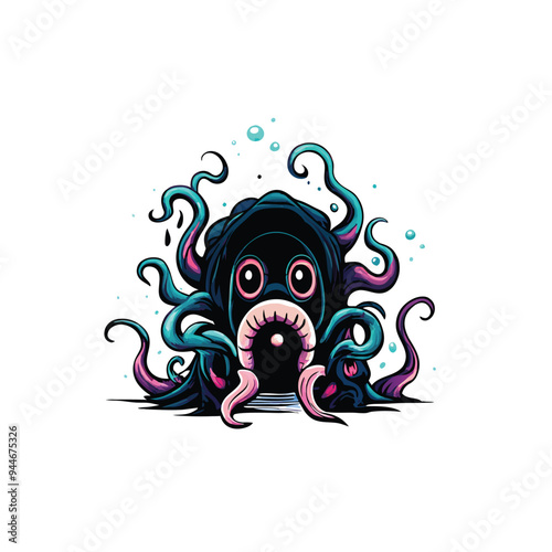 Realistic vector artwork of a tentacled monster with large eyes and a black gaping mouth.