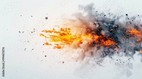 A detailed high-energy depiction of a fiery explosion with intense flames and thick smoke against a white background. photo