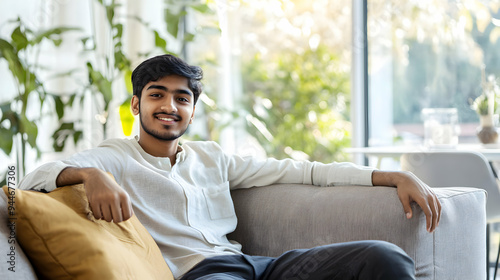 Portrait of a young Indian man sitting on a modern couch, casually leaning back, with one arm resting on the backrest and a warm smile on his face