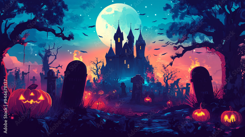Halloween, background of graveyard, with its flickering pumpkins casting eerie shadows, created scene so scary that it made everyone feel skittish, as fear and horror of night seemed to come alive.