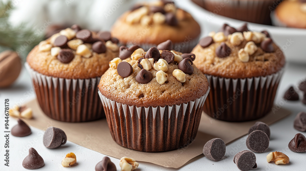 Chocolate chip muffins with nuts with brown paper and a simple setting. Chocolate chip muffins with nuts with brown paper and a simple setting.