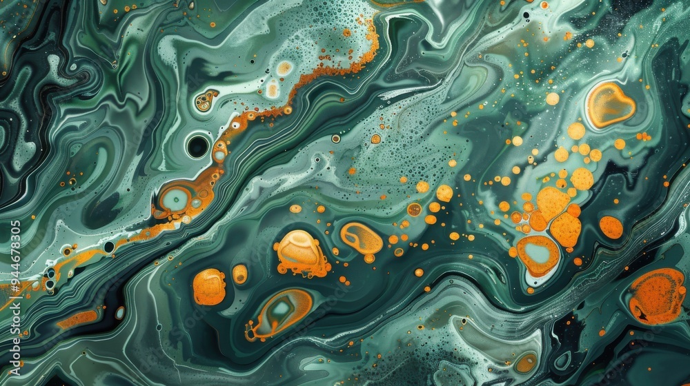 Abstract green and orange marble background with swirling patterns and bubbles. Abstract green and orange marble background with swirling patterns and bubbles.