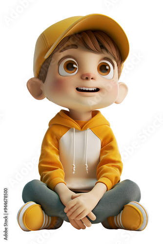 portrait of cute boy wearing cap sitting with crossed leg. 3D cartoon animations style. photo