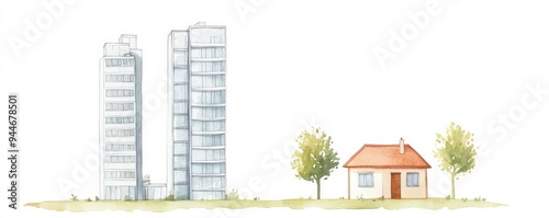 Watercolor illustration of a massive, towering skyscraper beside a small, singlestory house, isolated on white background photo