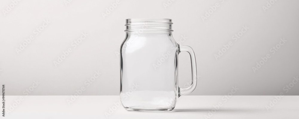 Clear glass jar with handle, ideal for beverages or storage, on a minimalist background. Clear glass jar with handle, ideal for beverages or storage, on a minimalist background.