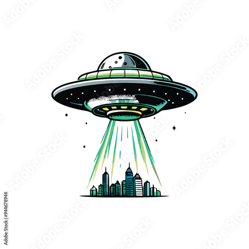 A realistic vector illustration of an alien spaceship hovering above a city with a green beam of light shining down.