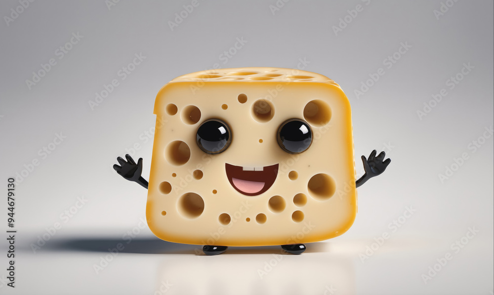 A smiling block of cheese with big eyes waves its hands in front of a white background