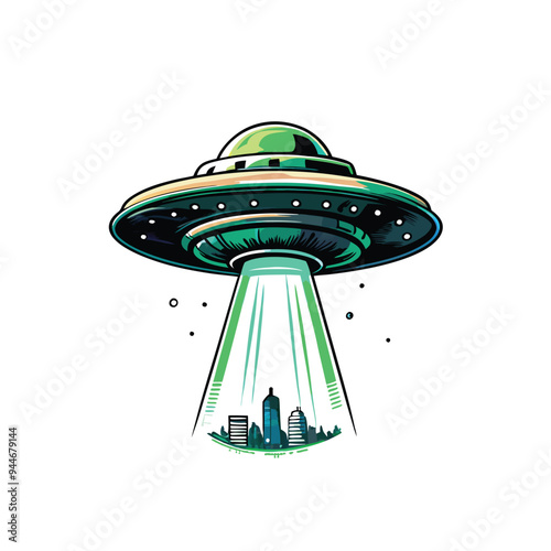 Create a realistic vector illustration of an alien spaceship hovering over a city.