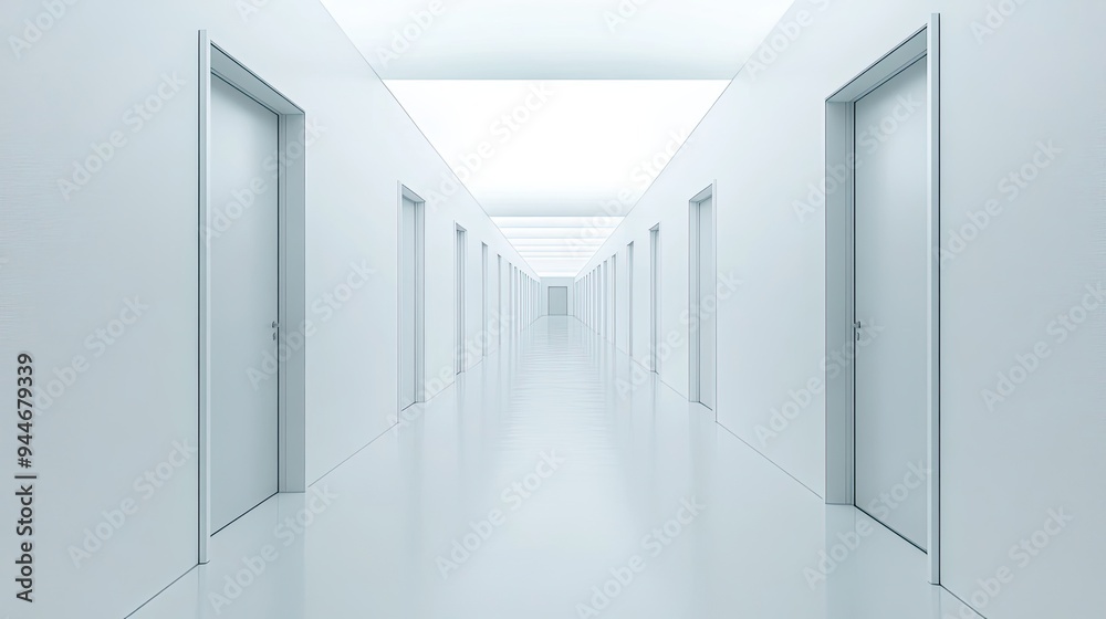 White Corridor with Doors Leading to an Unseen Destination White Corridor with Doors Leading to an Unseen Destination