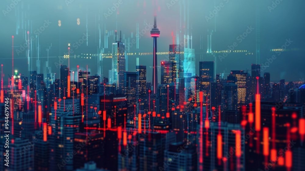 Forex and stock market charts over Toronto skyline, international trading concept generative ai Forex and stock market charts over Toronto skyline, international trading concept generative ai