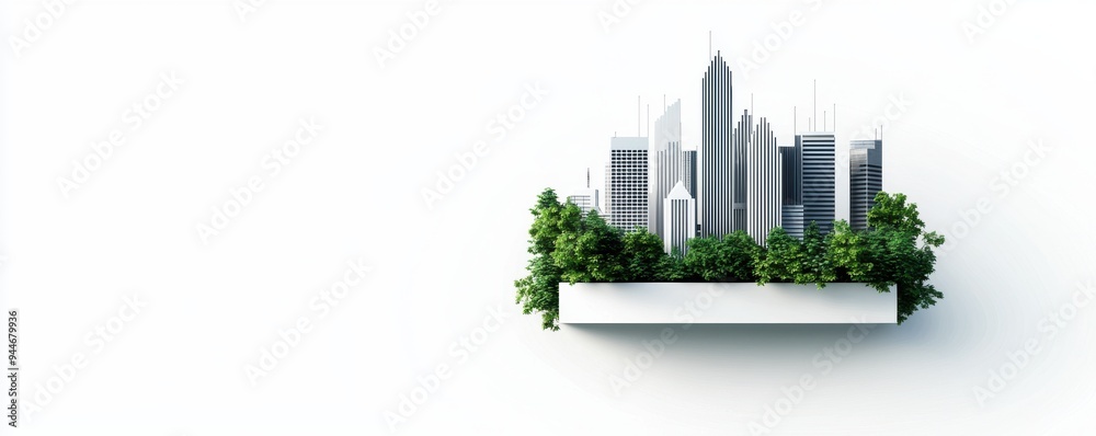 A modern city skyline with greenery, showcasing urban architecture and nature's coexistence in a minimalist design. A modern city skyline with greenery, showcasing urban architecture and nature's coexistence in a minimalist design.