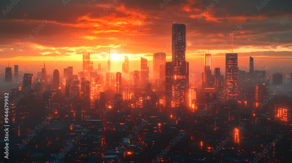 Fototapeta premium Futuristic Cityscape at Sunset with Glowing Buildings