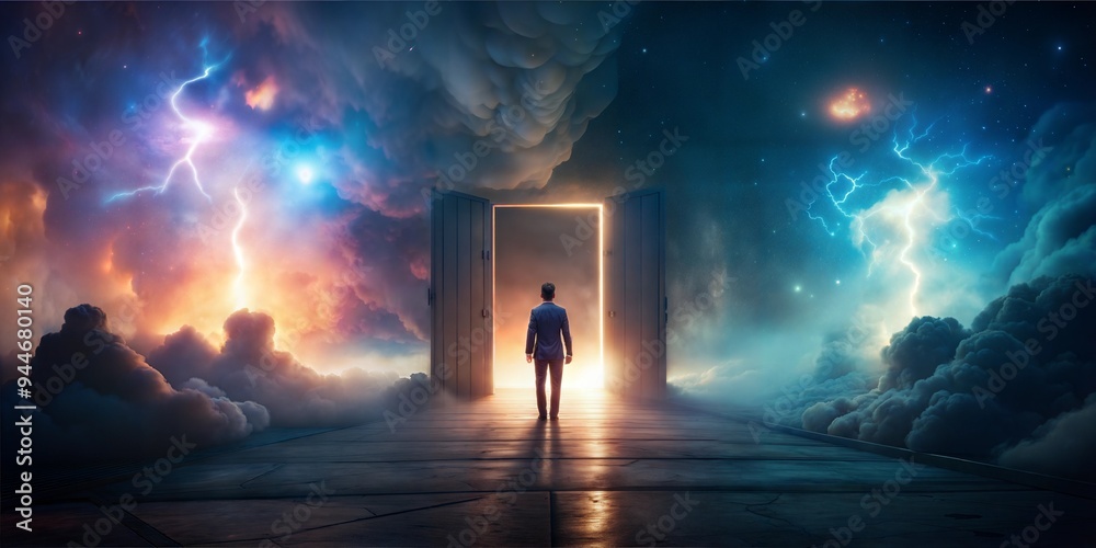 man walking in the open door with glowing light man walking in the open door with glowing light