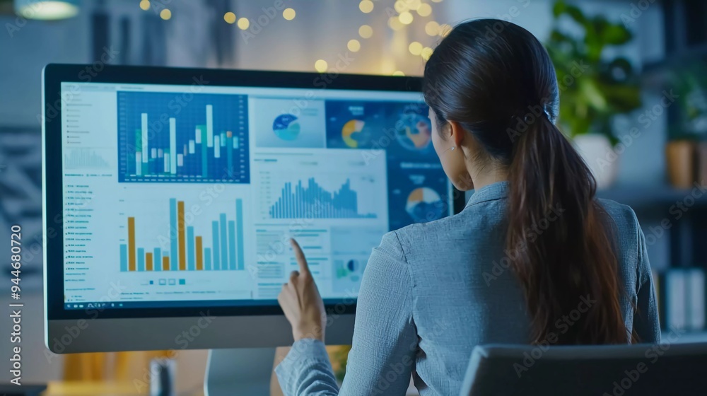 young Indian woman presenting business annual reports on big computer screen. Beautiful growth, graphs and analysis concept young Indian woman presenting business annual reports on big computer screen. Beautiful growth, graphs and analysis concept