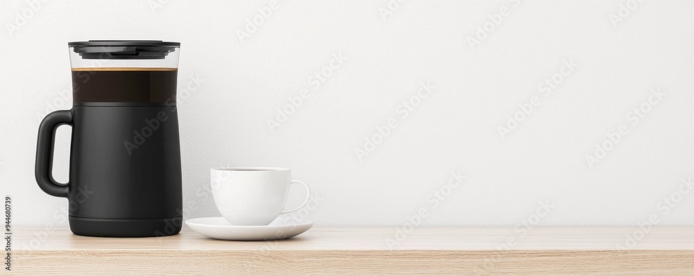 Fototapeta premium Stylish coffee pot with a cup on a wooden table, perfect for modern kitchen decor or cafe themes.