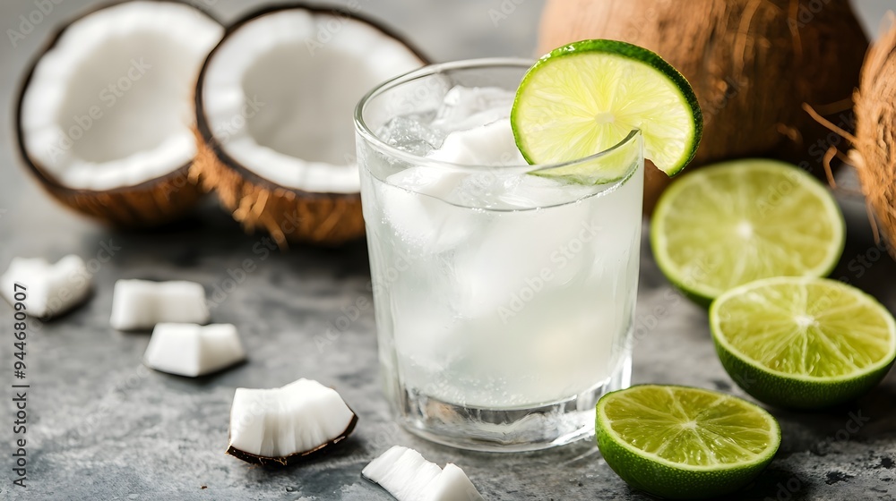 Iced coconut water with a fresh lime wedge served in a clear glass providing a refreshing and hydrating tropical beverage The image has ample copy space for text overlay or design elements Iced coconut water with a fresh lime wedge served in a clear glass providing a refreshing and hydrating tropical beverage The image has ample copy space for text overlay or design elements