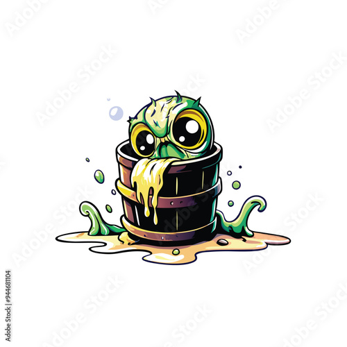 A cute green creature with big eyes and a slimy body in a wooden bucket, with goo dripping over the edge.