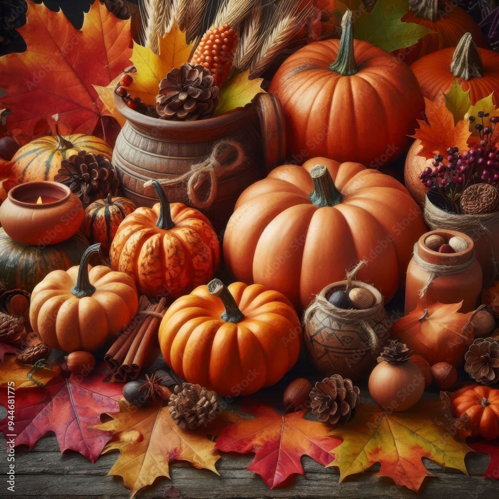 A bunch of pumpkins, colorful dried leaves and fall decorations. Autumn holiday background. A bunch of pumpkins, colorful dried leaves and fall decorations. Autumn holiday background.