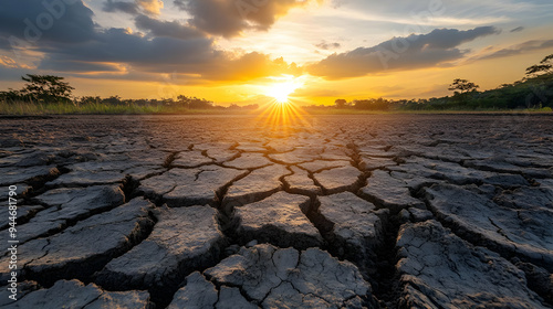 Sunset Over Cracked Earth Drought Climate Change Dry Land