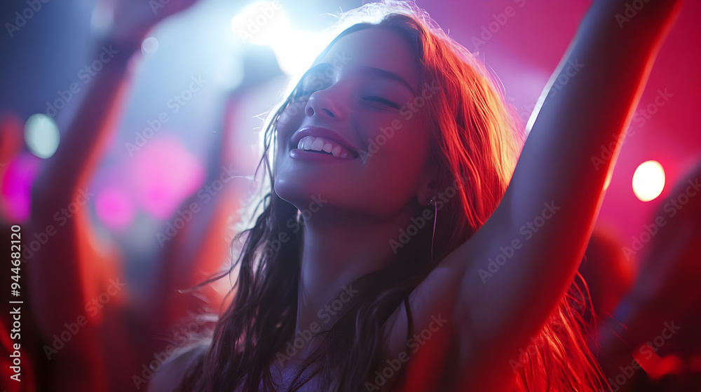 Naklejka premium Happy Woman Dancing at Concert with Red and Blue Lights
