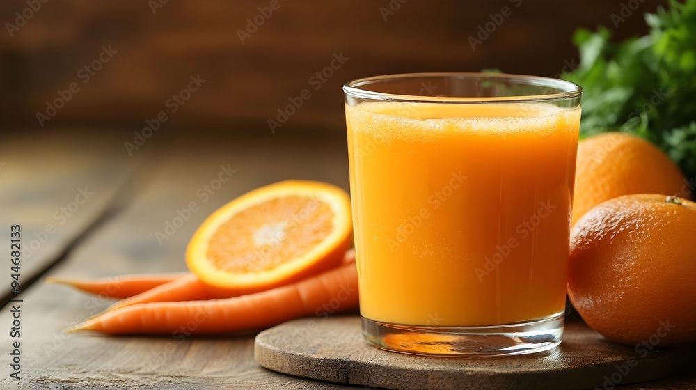 A glass filled with a vibrant freshly squeezed blend of carrot and orange juice offering a healthy refreshing and nutritious drink with ample copy space for text or design A glass filled with a vibrant freshly squeezed blend of carrot and orange juice offering a healthy refreshing and nutritious drink with ample copy space for text or design
