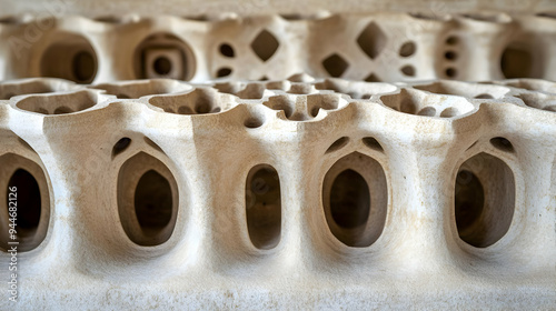 Intricate Stone Carving with Oval Shaped Holes and Geometric Patterns