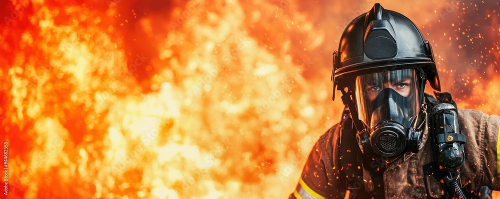 A heroic firefighter wearing protective gear in front of a blazing fire, ready to combat flames and save lives. A heroic firefighter wearing protective gear in front of a blazing fire, ready to combat flames and save lives.