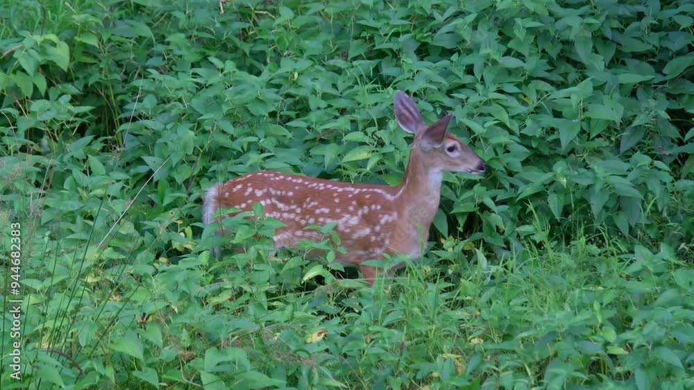 A young deer forages for food in the wild. A young deer forages for food in the wild.