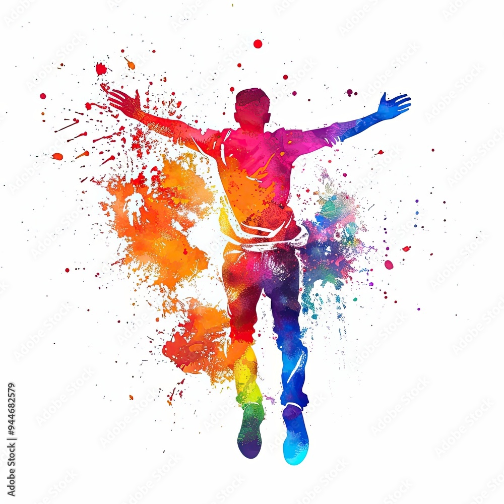 A person leaping with arms up is captured in a dynamic watercolor style, with bright and colorful splashes creating a sense of joy and energy on a white background. A person leaping with arms up is captured in a dynamic watercolor style, with bright and colorful splashes creating a sense of joy and energy on a white background.