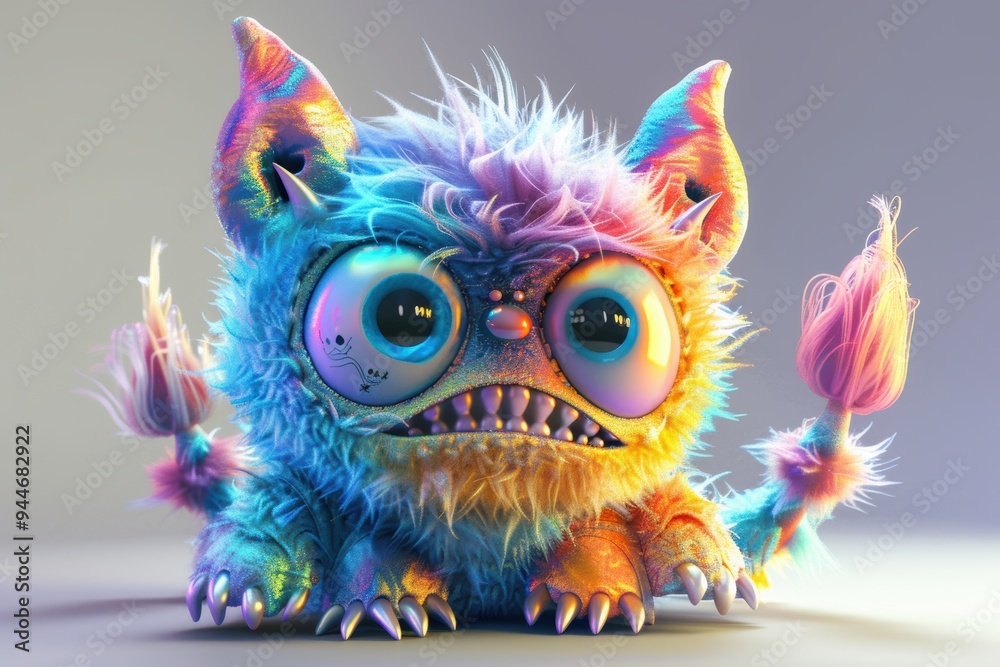 Naklejka premium 3D monster character with bold colors standing against a white background under studio lighting.