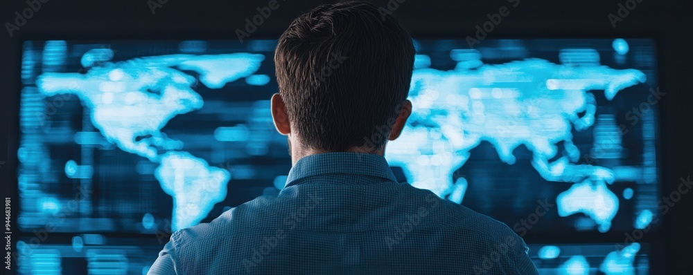 A man observes data on a large screen, engaged in analysis and monitoring of global information in a modern office setting. A man observes data on a large screen, engaged in analysis and monitoring of global information in a modern office setting.