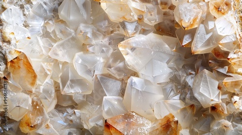 Close-up of a cluster of clear and smoky quartz crystals, displaying their intricate facets and textures.