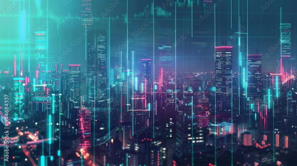 Forex and stock market charts over a panoramic view of a city, international trading concept generative ai Forex and stock market charts over a panoramic view of a city, international trading concept generative ai