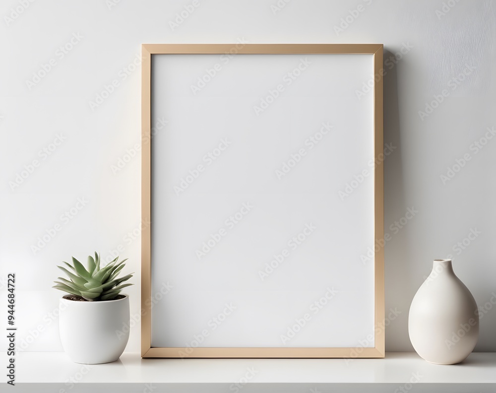 A blank frame mockup with plants in trendy vase. Template for artwork, painting, photo or poster A blank frame mockup with plants in trendy vase. Template for artwork, painting, photo or poster