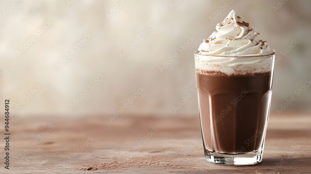 A glass filled with rich creamy dark chocolate milk topped with a generous dollop of fluffy whipped cream creating an indulgent and tempting treat for the senses A glass filled with rich creamy dark chocolate milk topped with a generous dollop of fluffy whipped cream creating an indulgent and tempting treat for the senses