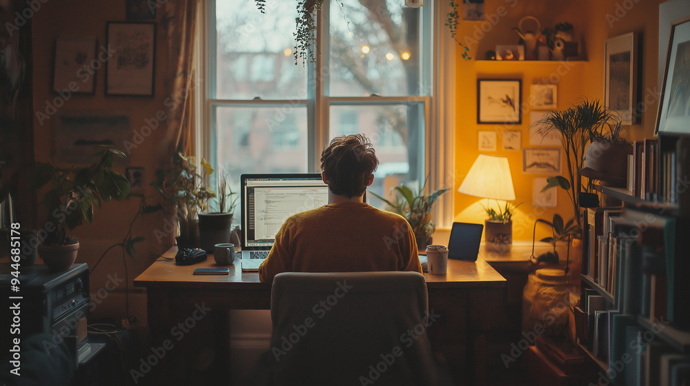 remote work, home office setup, laptop open, cozy living room, coffee mug remote work, home office setup, laptop open, cozy living room, coffee mug
