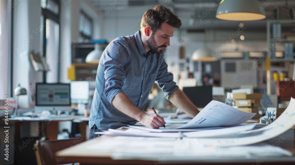 Graphic designer with design drafts on the office generative ai Graphic designer with design drafts on the office generative ai
