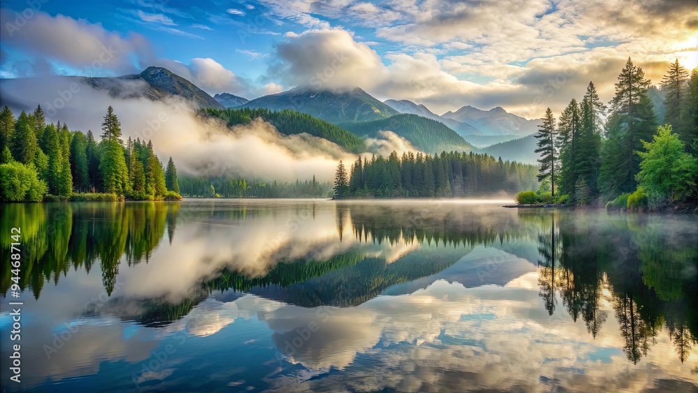 Serene mountain lake with fog and reflections , tranquil, peaceful, misty, calm, nature, scenic, landscape, water, serene Serene mountain lake with fog and reflections , tranquil, peaceful, misty, calm, nature, scenic, landscape, water, serene