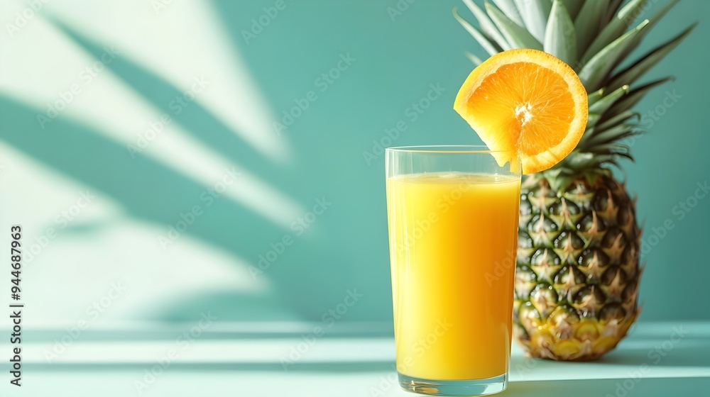 A glass filled with a refreshing blend of freshly squeezed orange and pineapple juice offering a vibrant and healthy start to the day with copy space for text overlay