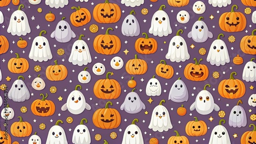 Seamless pattern of adorable ghosts and Halloween pumpkins, cute, ghosts, Halloween, pumpkins, seamless, pattern,spooky