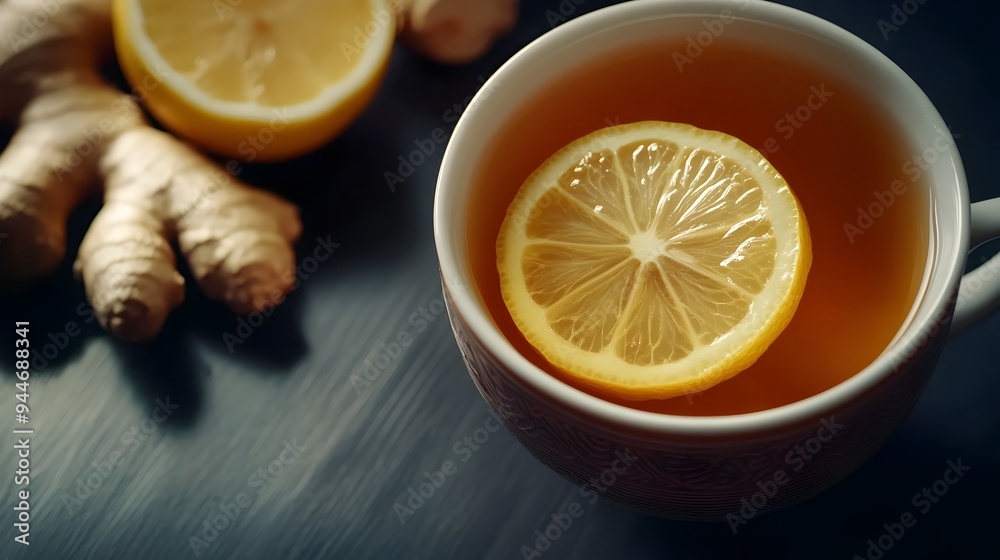Steaming hot mug of fragrant ginger tea with a fresh slice of lemon presented on a plain background with ample copy space for text overlay or design elements Steaming hot mug of fragrant ginger tea with a fresh slice of lemon presented on a plain background with ample copy space for text overlay or design elements
