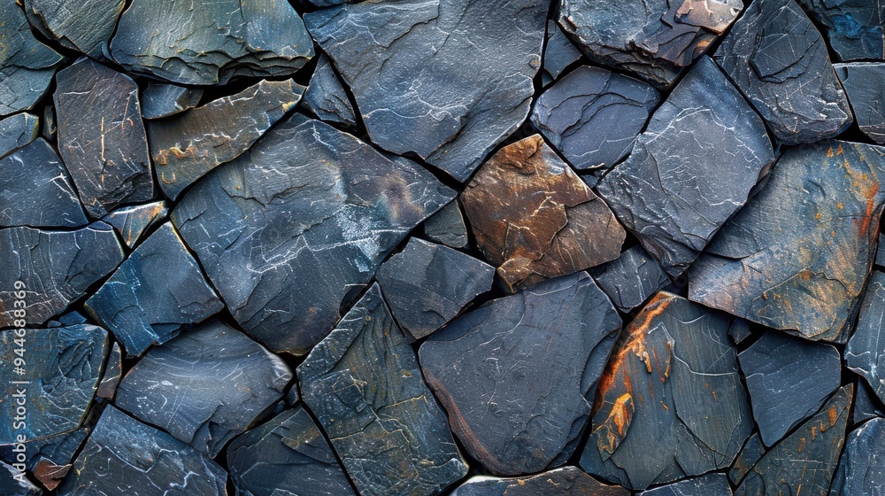 Close-up of a dark blue stone wall with various shapes and sizes. Close-up of a dark blue stone wall with various shapes and sizes.
