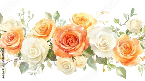 Fototapeta Naklejka Na Ścianę i Meble -  Watercolor illustration of a vibrant floral arrangement featuring cream and orange roses on a white background Suitable for greeting cards and postcards