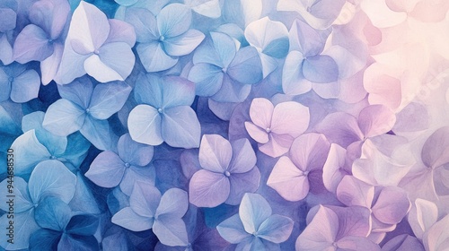 Watercolor illustration of blue hydrangea flowers Hydrangea macrophylla featuring a gradient from blue to purple The shallow depth of field creates a soft dreamy atmosphere suitable for design adv photo