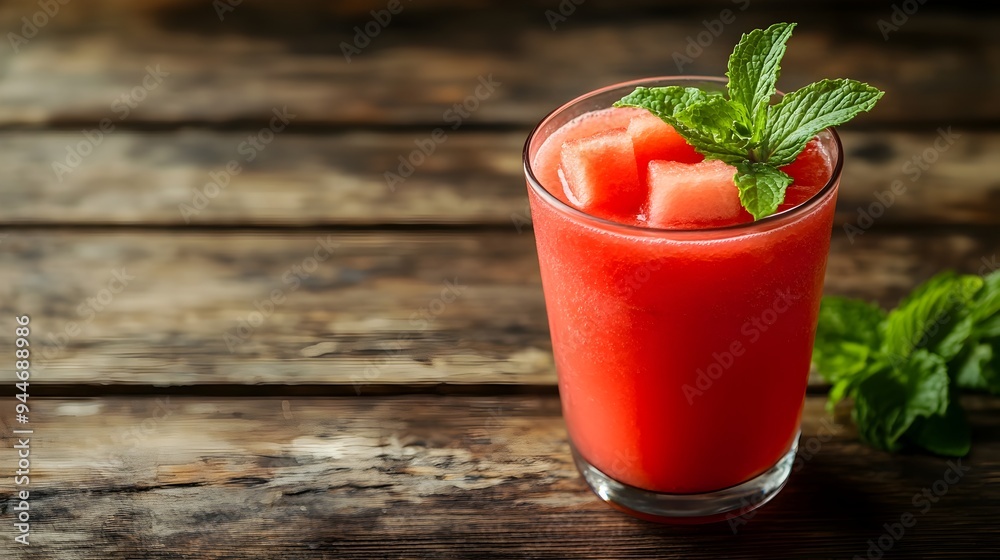 A refreshing glass of freshly squeezed watermelon juice with vibrant mint leaves offering a healthy and hydrating summer drink with copy space for text or design A refreshing glass of freshly squeezed watermelon juice with vibrant mint leaves offering a healthy and hydrating summer drink with copy space for text or design