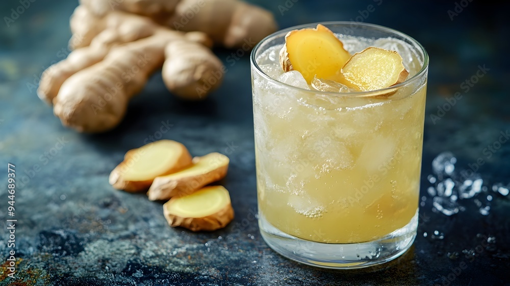Refreshing glass of chilled ginger infused lemonade with vibrant slices of fresh ginger set against a clean minimalist background with ample copyspace for text Refreshing glass of chilled ginger infused lemonade with vibrant slices of fresh ginger set against a clean minimalist background with ample copyspace for text