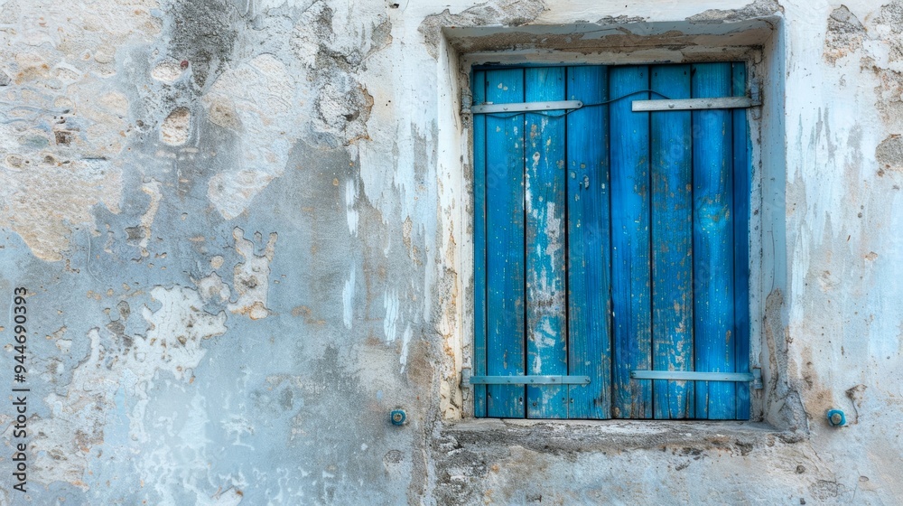 An aged blue wooden window with shutters is embedded in a white, weathered plaster wall, displaying vintage charm. An aged blue wooden window with shutters is embedded in a white, weathered plaster wall, displaying vintage charm.